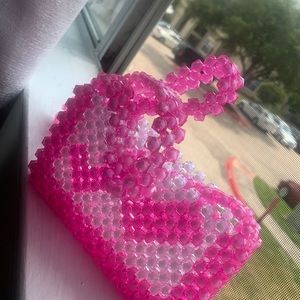Beaded pink and white strap purse, homemade,lightweight, easy to carry around